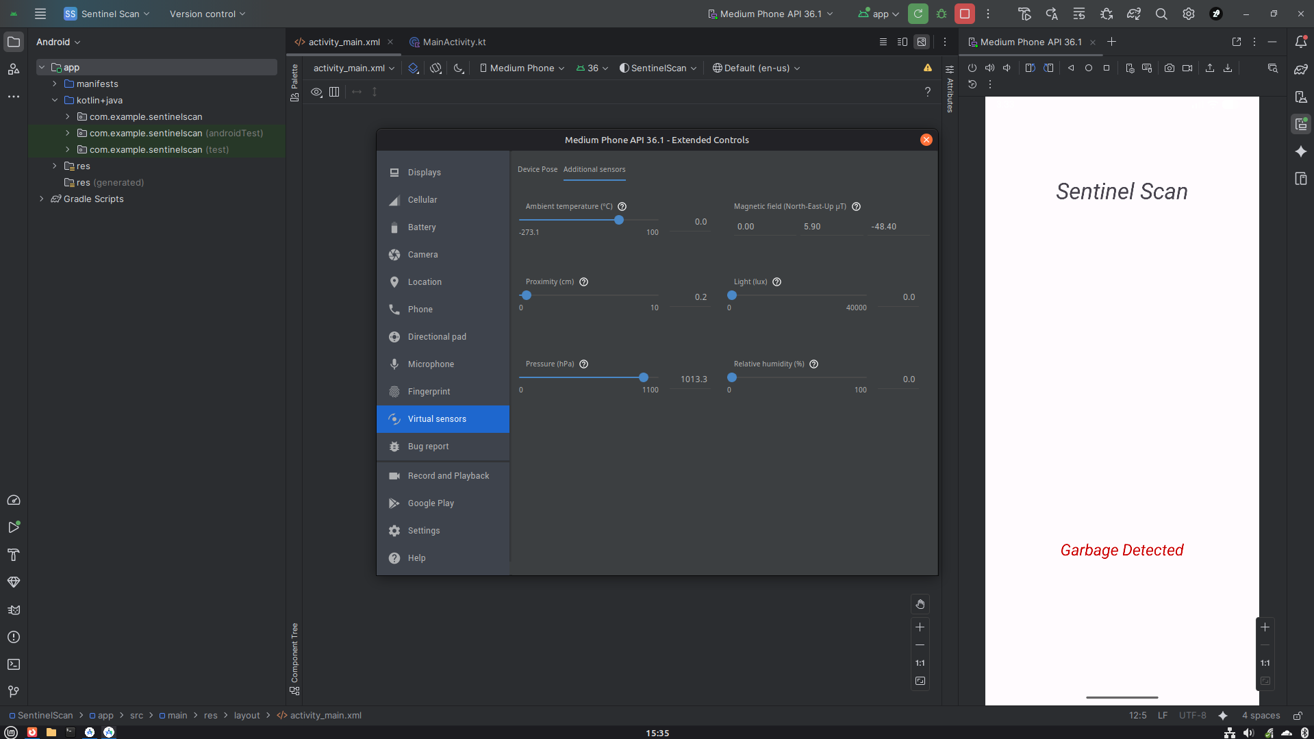 Screenshot representing the successful initialization of the development and testing environment. The Android Studio IDE displays the project's file structure and UI layout, while the Android Virtual Device (AVD) on the right has successfully booted and is online, awaiting the application's deployment.